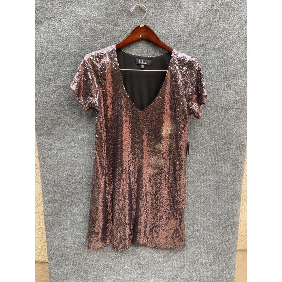 Lulus Dress Womens Medium Rose Gold Sequin Shift Mini V Neck Short Sleeve 66192 - Picture 1 of 9